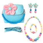 Elesa Miracle Little Girl Bag Beauty Set Plush Handbag + Flower-Shaped Clip-on Earrings + Necklace and Bracelet Set (Blue)