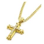 Funic Men/Women's Sharp Sides Rhinestone Cross Pendant Hip-hop Cuban Necklace Chain (Gold)