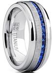 Metal Masters Co. Men's Eternity Titanium Wedding Band Engagement Ring W/Blue Simulated Sapphire Cubic Zirconia Princess CZ