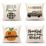 4TH Emotion Fall Harvest Throw Pillow Cover Farmhouse Thanksgiving Buffalo Pumpkin Truck Cushion Case for Sofa Couch 18x18 Inches Cotton Linen, Set of 4