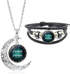 Fashion 12 Constellations Beaded Hand Woven Leather Bracelet and Moon Pendant Necklace Zodiac Sign Jewelry Set
