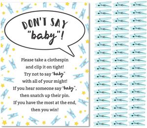Don’t Say Baby Game for Boys Baby Shower Clothespin Game Includes One 5x7 Sign and 48 Mini Blue Clothespins 