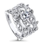 BERRICLE Rhodium Plated Sterling Silver Round Cubic Zirconia CZ Filigree Leaf Solitaire Engagement Wedding Ring Set 1 CTW