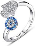 EVBEA 925 Sterling Silver Evil Eye Rings Womens Cubic Zirconia Adjustable Open Hamsa Ring for Ring Size 6-8