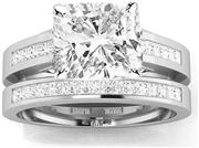 1.7 Cttw 14K White Gold Cushion Cut Channel Set Princess Cut Bridal Set Diamond Engagement Ring Wedding Band with a 1 Carat J-K Color I2 Clarity Center