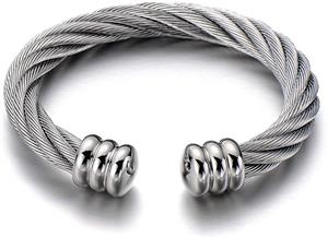 COOLSTEELANDBEYOND Large Elastic Adjustable Steel Twisted Cable Cuff Bangle Bracelet for Men Women 