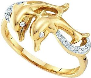 Dazzlingrock Collection 0.05 Carat ctw 10K Round White Diamond Ladies Cocktail Right Hand Dolphin Ring Yellow Gold 