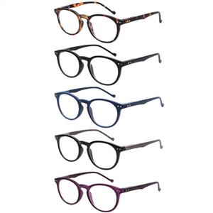 Reading Glasses 5 Pair Stylish Color Retro Round Spring Hinge Readers for Men and Women 