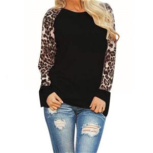 Gugio Womens Long Sleeve Leopard Print Patchwork T-Shirt Blouse Tops 