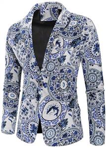 Sunhusing Men's Chain Key Print Long Sleeve Single Button Casual Pocket Blazer Suit Short Outwear Jacket 