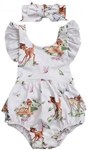 Baby Girls Christmas Bambi Romper+Headband Ruffle Flutter Sleeve Bodysuit Backless Sunsuit Birthday Outfit Clothes Set 