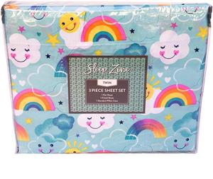 Sleep Zone Rainbows, Smiling Clouds, Stars, Hearts, Sun on Pastel Blue - 3 pc Rainbow Sheet Set Twin 