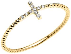 14k Yellow Gold Dainty Diamond Sideway Cross Rope Design Ring 