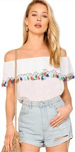 SheIn Women's Off The Shoulder Ruffle Tassel Scalloped Hem Blouse Top 