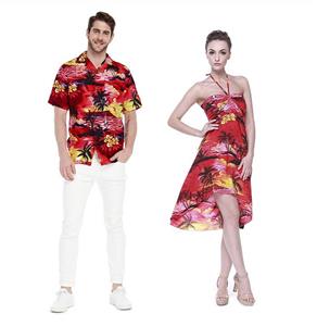Couple Matching Hawaiian Luau Party Outfit Set Shirt Dress in Sunset Red 
