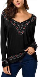 Women's Long Sleeve Boho Tops Tie Neck Embroidered Detail 