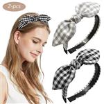 2 Pack Bow Headbands Bowknot Plastic Stripe/Solid Color/Polka Dot Hair Band Hair Hoop for Women and Girls (plaid(blackgrey))