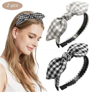 2 Pack Bow Headbands Bowknot Plastic Stripe/Solid Color/Polka Dot Hair Band Hair Hoop for Women and Girls (plaid(blackgrey)) 