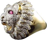 Lethez Men Fashion Punk Style Lion Head Gold Filled Natural Ruby Gemstone Diamond Ring Hip Hop Jewelry