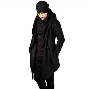 Men's Long Sleeve Trench Hooded Cardigan Coat Irregular Hem Open Front Jackets Loose Fit Windbreaker Overcoat