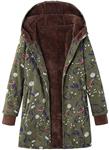 JOFOW Womens Hooded Jacket Parka Flannel Lined Boho Floral Print Vintage Warm Long Loose Coats Winter Plus Size XXXL