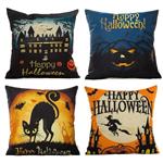 HOSL PW01 4-Pack Happy Halloween Square Decorative Throw Pillow Case Cushion Cover Bat Pumpkin