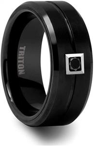 Triton Ring Black Tungsten Carbide Flat Comfort fit Band. Horizontal Brush Finish with Bright Polished recessed Center Groove and Bevel Edge. Single Round Black Diamond Set in a Square Bezel.