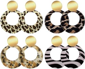 4 Pairs Acrylic Drop Earrings Statement Resin Rounded Dangle Earrings Geometric Leopard Hoop Stud Earring for Women Girls