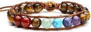 Top Plaza Womens Chakra Stone Bracelet Tiger Eye Stone Healing Crystals Reiki Yoga Gemstone Bead Bracelets Handmade Boho Bohemian Leather Adjustable Bracelet