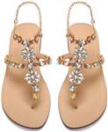 Soinfun Women's Crystal with Rhinestone Chains Flat Bohemia Flip Flops Summer Beach T-Strap Flat Sandals (5.5 M US, Beautiful Gold)