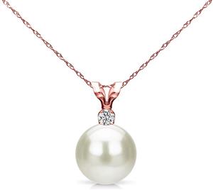 White Saltwater Cultured Japanese Akoya Pearl Diamond Pendant Necklace 14K Gold 8-8.5mm (G-H, SI1-SI2) - Choice of Gold Color 