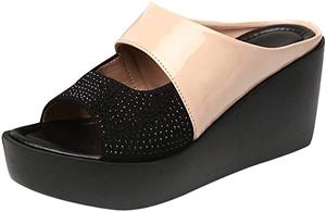 Women's Wedge Platform Slide on Sandals Open Toe PU Sandals Summer Fashion Slippers Thick Bottom Sandals 