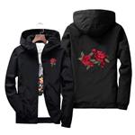 Allywit Men's Two Rose Print Outdoor Windproof Hoodie Zip-up Lightweight Windbreaker Plus Size