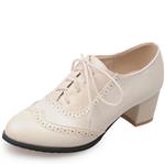 DoraTasia Women's Vintage Lace Up Pu Leather Block Heel Oxfords Ankle Booties Cuban Brogues Dress Shoes Large Size