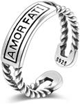 Candyfancy Vintage Sterling Silver Fate Love Ring Latin Engraved Amor FATI Open Cuff Band Ring Adjustable Size 4.5-6.5 Women Men