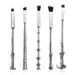 5 Pcs Wizard Wand Makeup Brushes Set, Metal Magic Eye Shadow Eye Liner Lip Brush Silver Cosmetic Brushes Black Soft Hair Beauty Tools with Pouch