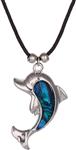 Barch Blue Abalone Paua Dolphin Pendant Mood Necklace with Stainless Steel Chain and Wax Leather Cord for Gift Jewelry