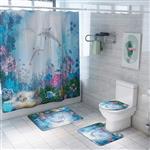 NIHAI 1Pc/3Pcs /4PCS Coral Dolphin Shower Curtain Set, Bathroom Mats Set Non-Slip Rug Carpet Toilet Polyester Cover Absorbent Mat Shower Curtain (A)