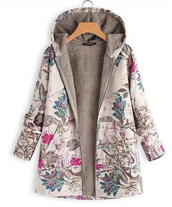 DEMO SHOW Womens Casual Coat Jacket Winter Warm Outwear Floral Print Hooded Pockets Vintage Overcoat 