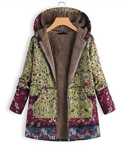 DEMO SHOW Womens Casual Coat Jacket Winter Warm Outwear Floral Print Hooded Pockets Vintage Overcoat