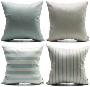 DANLIA Throw Pillow Covers 18x18 Set of 4, Striped Stripe Stripped Solid Plain Beige Natural Cream Gray Blue Linen, Simply Decorative Cushion Case for Sofa Couch Bedroom 