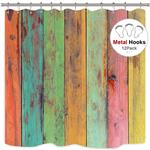 Riyidecor Painted Wood Shower Curtain Rustic with Metal Hooks 12 Pack Colorful Wooden Vintage Barn Door Colored Striped Rainbow Vertical Wood Planks Decor Fabric Bathroom Set 72x72 Inch