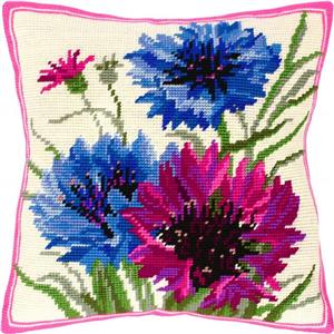 Cornflowers. Cross Stitch Kit. Throw Pillow Case 16×16 Inches. Home Decor, DIY Embroidery Needlepoint Cushion Cover Front, Printed Tapestry Canvas, European Quality. Floral, Wildflower, Flowers 