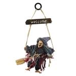 Hanging Animated Witch on Broomstick Halloween Decoration Dolls Pendant Haunted House Decorate Props KTV Bar Restaurant Door Indoor Outdoor Decor Hanged Wizard Welcome Figure