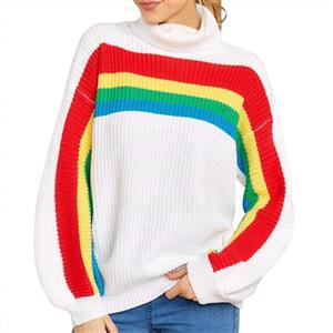 Juesi Women's Turtleneck Sweater Fashion Striped Rainbow Print Fall Winter Knit Patchwork Long Sleeves Pullover