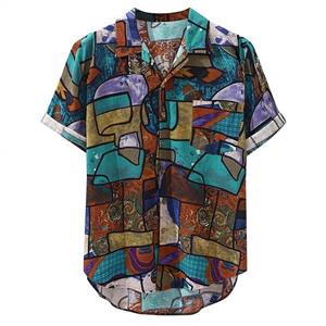 haoricu Men's Plus Size Blouse Summer Short Sleeve V Neck Button Up T Shirt Hawaiian Vintage Print Shirt