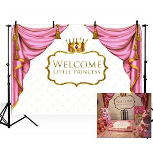 MEHOFOTO Welcome Little Princess Baby Shower Party Decorations Photo Studio Booth Background Pink Curtain Gold Crown Girl Backdrops Banner for Photography 7x5ft 