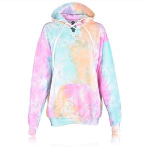 Women Long Sleeve Lace Front Tie Dye Hoodie Sweatshirt Pocket Pullover Pastel Junior 