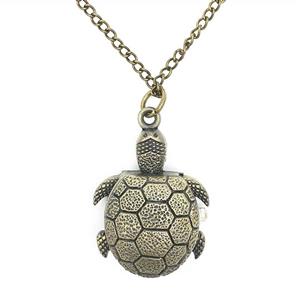 XMHF Antique Vintage Retro Bronze Turtle Pendant Necklace Quartz Chain Pocket Watch 