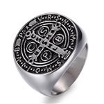 Excow Jewelry St Benedict Exorcism Signet Religious Ring for Men,Demon Protection Ghost Hunter Cross CSBP Rings,Silver,Size 8